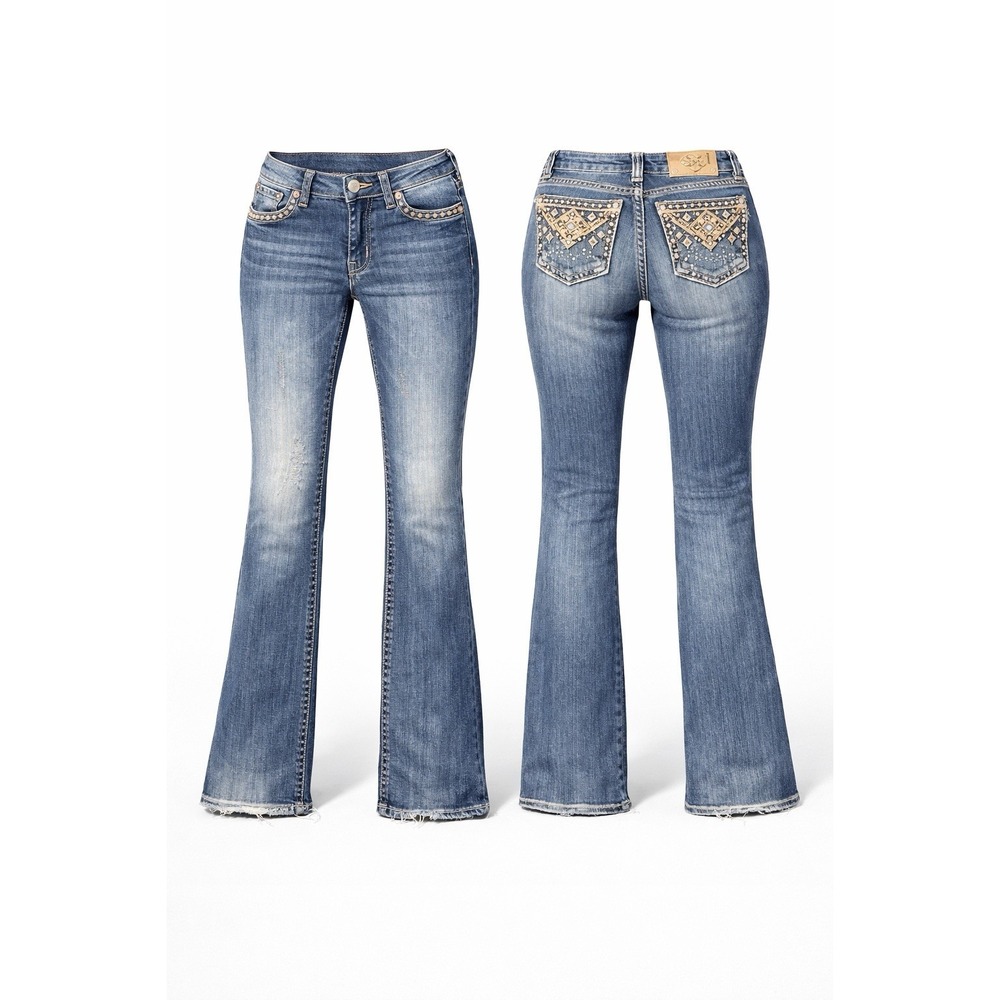 Miss Me 32 Mid-Rise Boot Jeans TRIBAL Embellished WHISKERING THICK STITCH